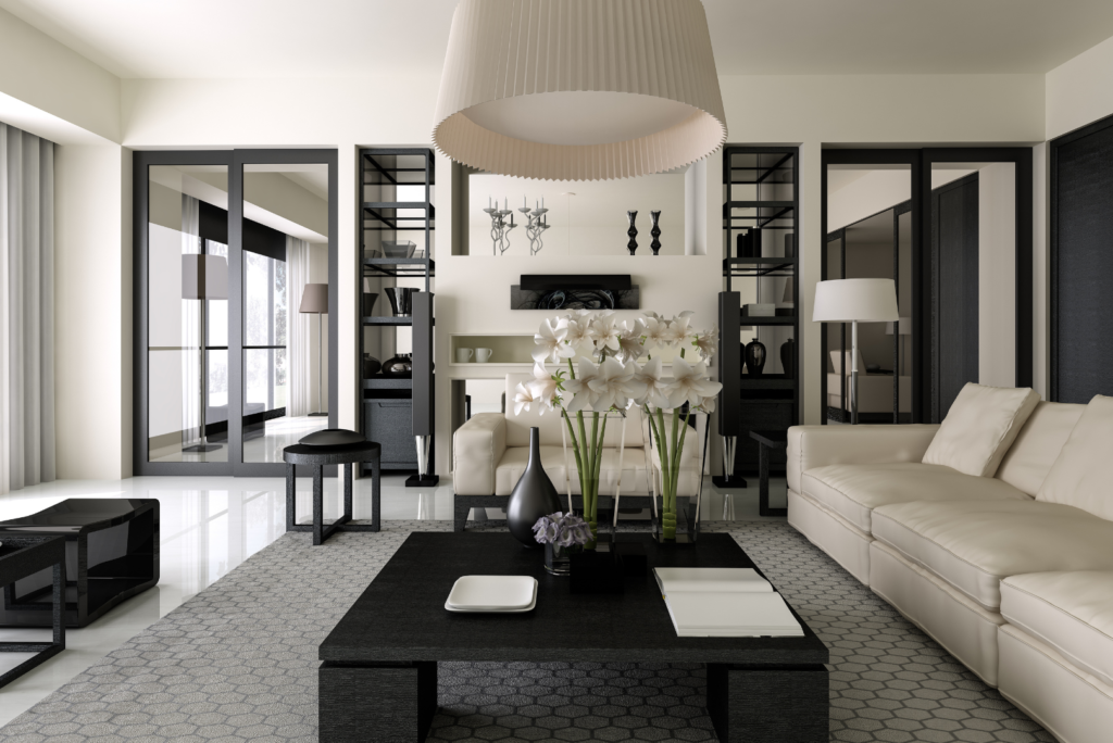 Modern black-and-white living room with mirrored built-ins and a bouquet of white flowers