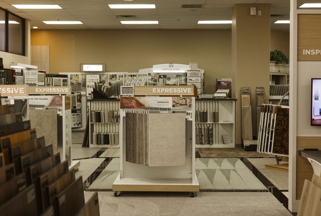 Flooring sample displays and material selection area in a Primera design center