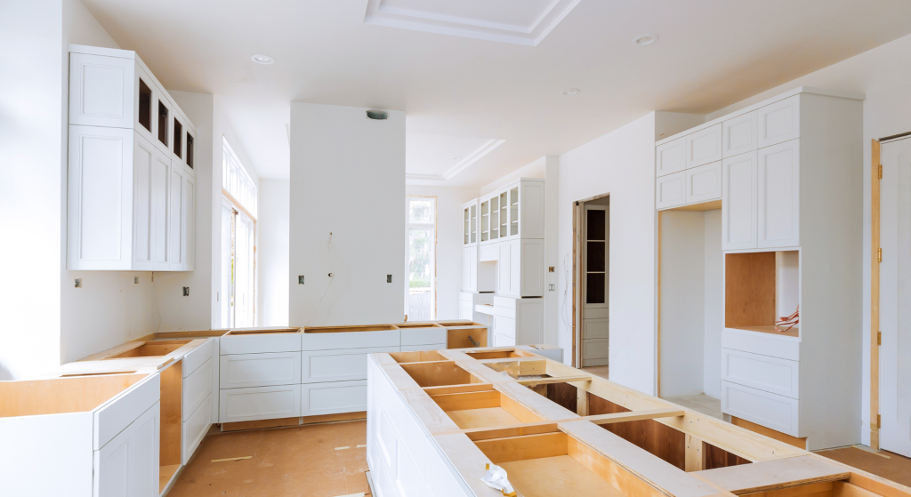 Frameless cabinets and slab countertops in a new construction kitchen