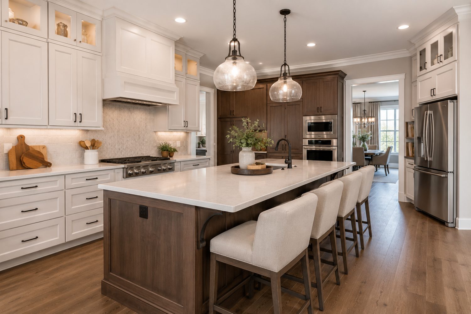 Modern white kitchen with a large island and pendant lighting