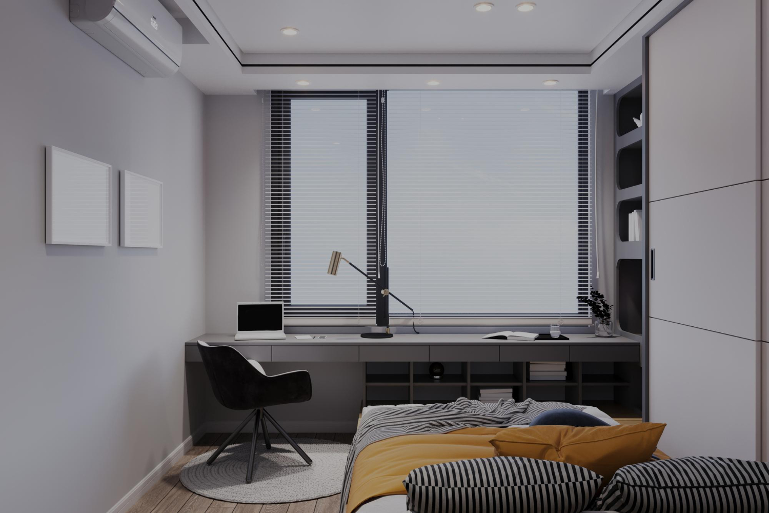 Bedroom workspace with a desk in front of a window covered by horizontal blinds