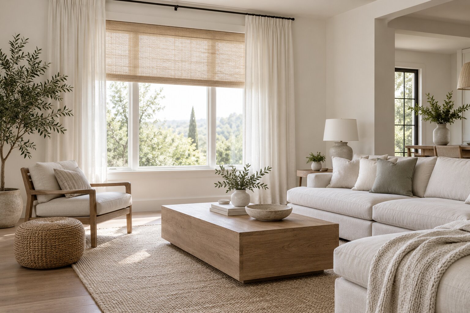 Bright living room with a large window dressed in white linen drapes layered over a woven roller shade